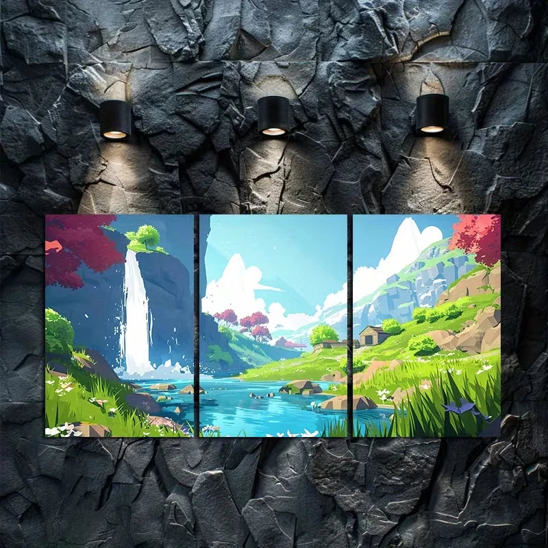3pcs Style of Lowpoly Video Game Concept Art Wall Art Set Canvas Framed 60x90cm - High Quality Print 100% Australian Made Wall Canvas Ready to Hang