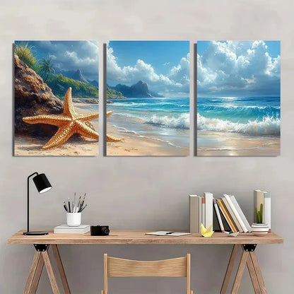 3pcs Coastal Sea Turtle & Starfish Beach Sunset Wall Art Set Canvas Framed 50x70cm - High Quality Print 100% Australian Made Wall Canvas Ready to Hang - Bella Home Decor