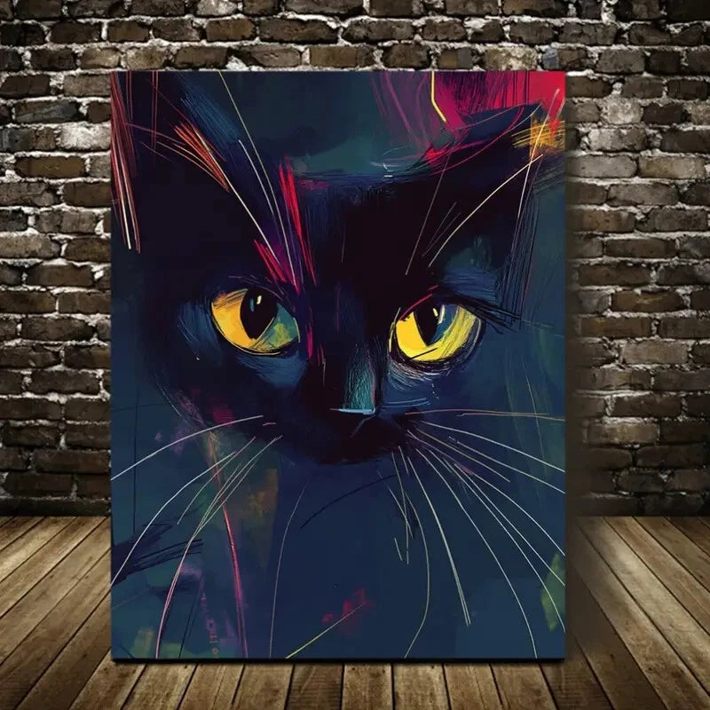 Contemporary Abstract Black Cat Painting 40x60cm Metal Print Ready to Hang
