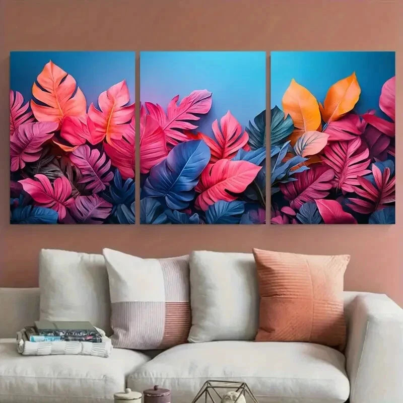 3pcs Exotic Leaves Blue Pink Gradient Background Metal Print Ready to Hang Art - Bella Home Decor