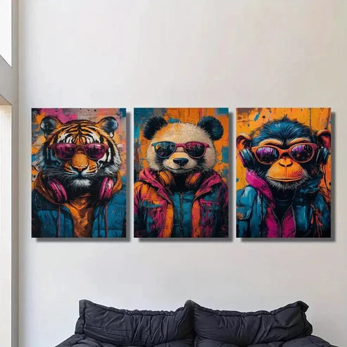 3pcs Animals wearing glasses and headphones Wall Art Set Canvas Unframed - High Quality Print 100% Australian Made Wall Canvas - Bella Home Decor