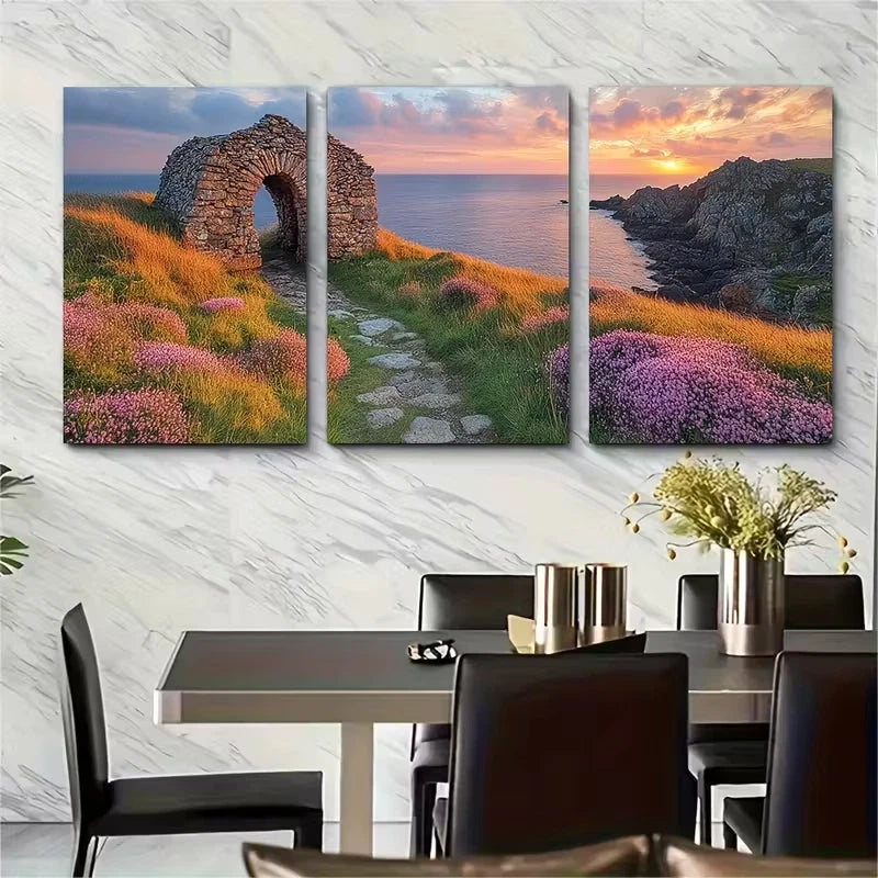 3pcs Nature Scene with Stone Arch & Lush Greenery Metal Print Ready to Hang Art