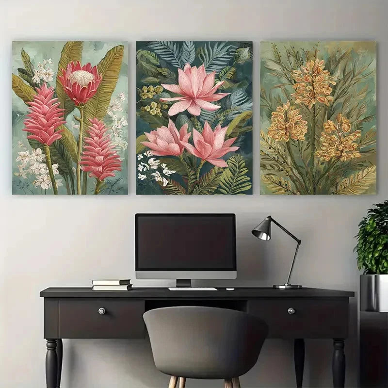 3pcs Vintage Indonesian Floral Illustration Wall Art Set Canvas Framed 40x60cm - High Quality Print 100% Australian Made Wall Canvas Ready to Hang