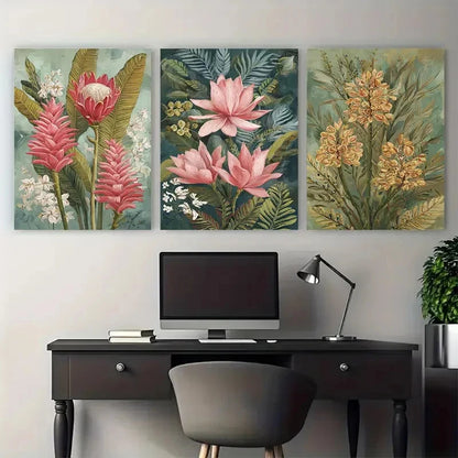 3pcs Vintage Indonesian Floral Illustration Wall Art Set Canvas Framed 40x60cm - High Quality Print 100% Australian Made Wall Canvas Ready to Hang
