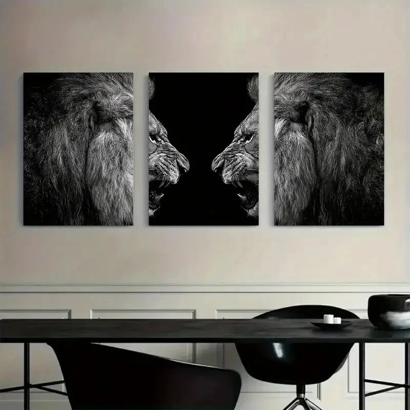 3pcs Angry Lions Dramatic Lighting Black Metal Print Ready to Hang Art - Bella Home Decor