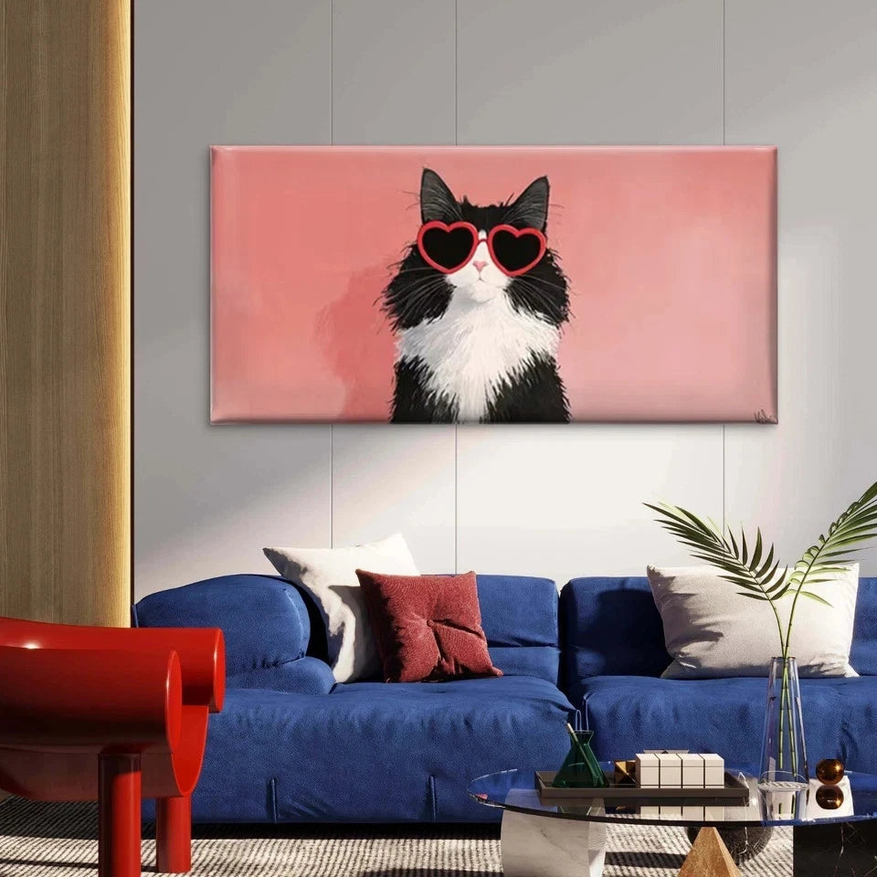 Cat with Heart Fashion Glasses Wall Art Canvas Office Home Room Framed 120x60cm