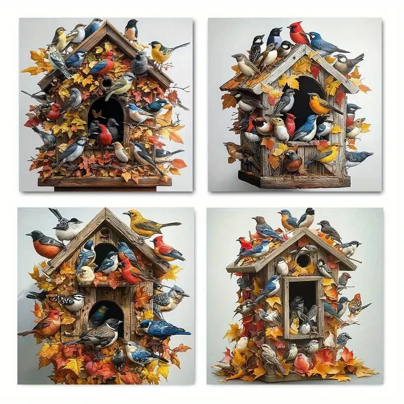 4pcs Autumn Bird Foliage Wall Art Canvas Framed