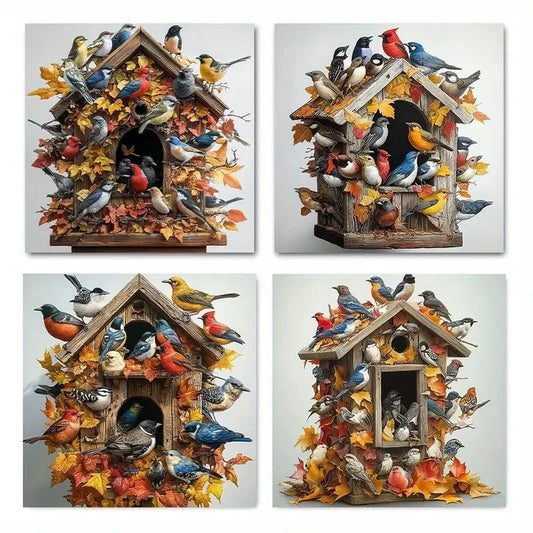 4pcs Autumn Bird Foliage Wall Art Canvas Framed