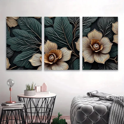 3pcs Black Background With Golden Flowers Wall Art Set Canvas Framed 60x90cm - High Quality Print 100% Australian Made Wall Canvas Ready to Hang - Bella Home Decor