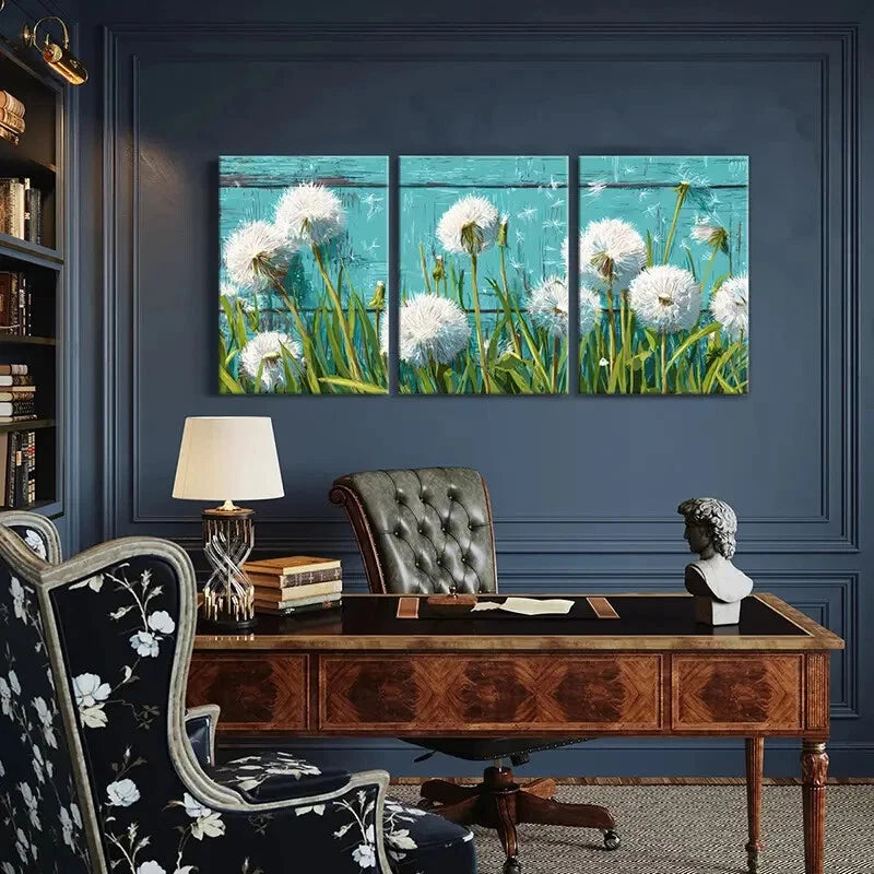 3pcs Dandelion Art White Fluff Blue Background Metal Print Ready to Hang Art - Bella Home Decor