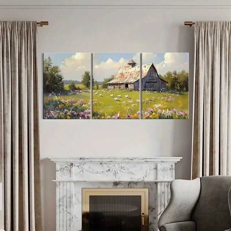 3pcs Vintage Farmhouse Scene with Wildflowers Metal Print Ready to Hang Art - Bella Home Decor