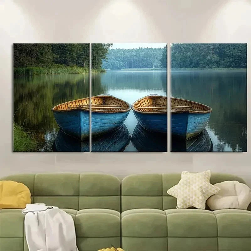3pcs Serene Blue Rowing Boats on Lake EL   Wall Art Set Canvas Framed 40x60cm - High Quality Print 100% Australian Made Wall Canvas Ready to Hang