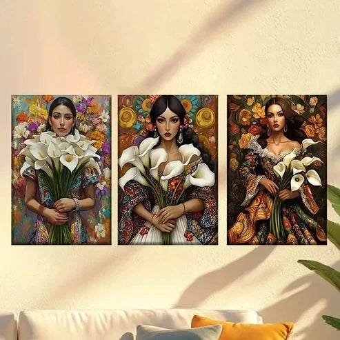 3pcs Three Women in Dresses with Flowers Wall Art Canvas Unframed - High Quality Print 100% Australian Made Wall Canvas