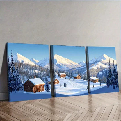 3pcs Snow Covered Village Mountains Scenery Wall Art Set Canvas Unframed - High Quality Print 100% Australian Made Wall Canvas