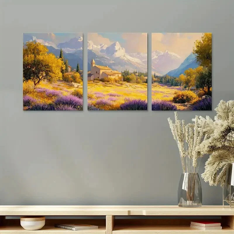 3pcs Vintage House with Mountain View Metal Print Ready to Hang Art