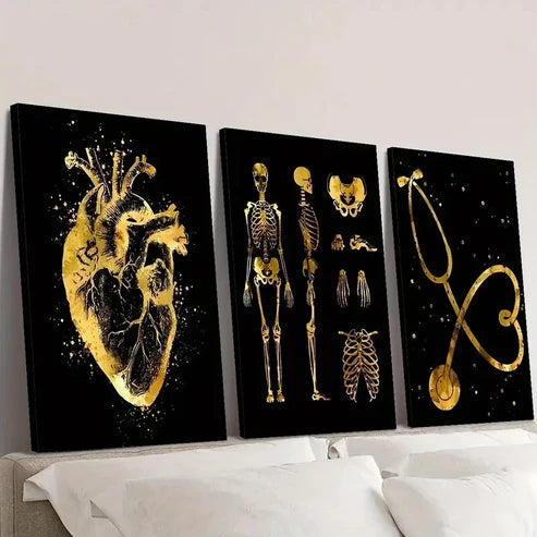 3pcs Golden Decorative Paintings with Stethoscope Wall Art Canvas Unframed - High Quality Print 100% Australian Made Wall Canvas - Bella Home Decor
