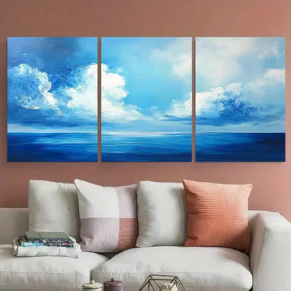 3pcs Large Cloud Painting Blue Sea Illustration 1 Wall Art Set Canvas Unframed - High Quality Print 100% Australian Made Wall Canvas