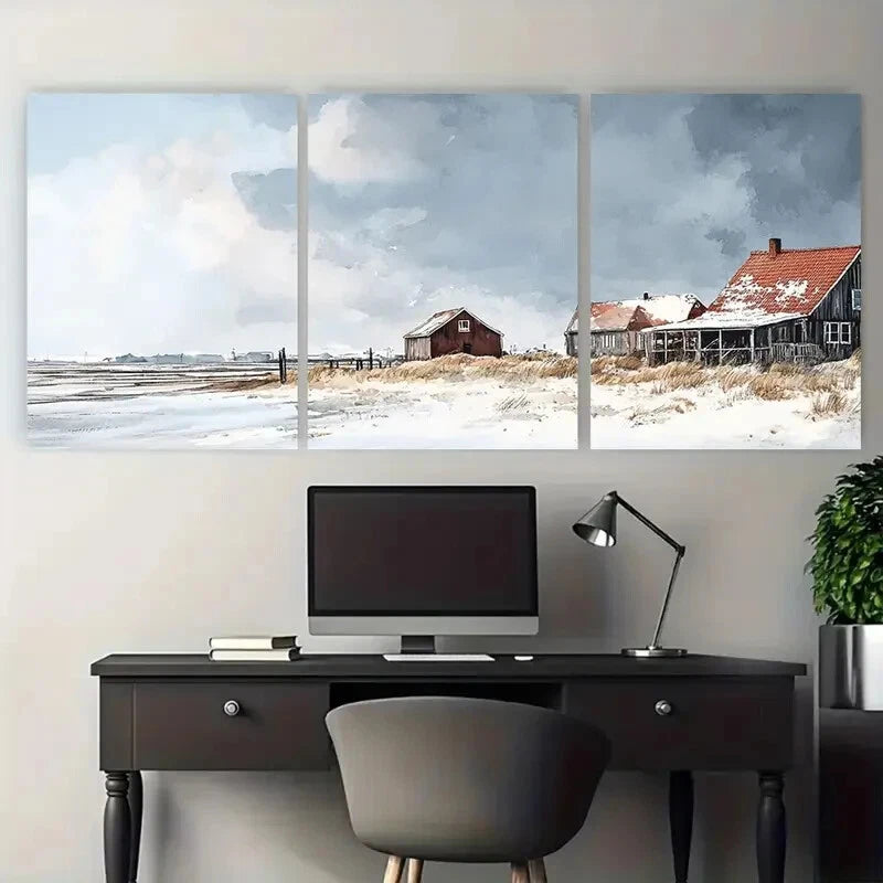 3pcs Horsens Denmark Travel Snow-Covered Houses Metal Print Ready to Hang Art - Bella Home Decor