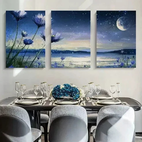 3pcs Flowers Moon Scenery Canvas Unframed - High Quality Print 100% Australian Made Wall Canvas - Bella Home Decor