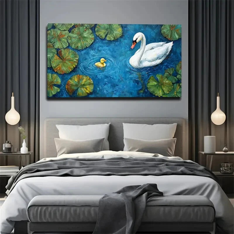 Realistic Swan Floating Water Wall Art Canvas Office Home Room Framed 120x60cm - Bella Home Decor