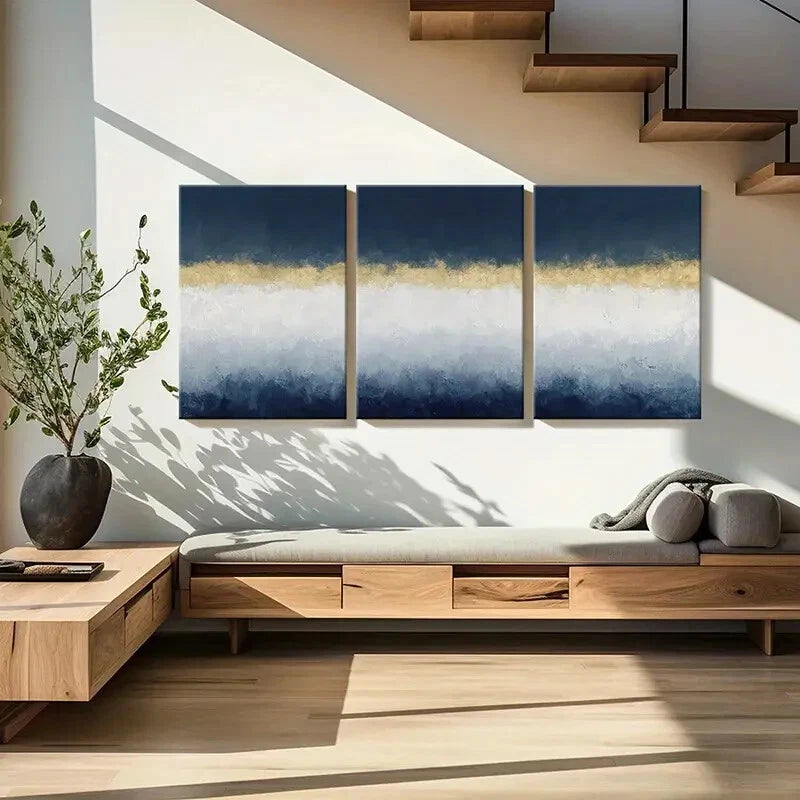 3pcs Abstract Art Golden Accent White Waves Metal Print Ready to Hang Art - Bella Home Decor