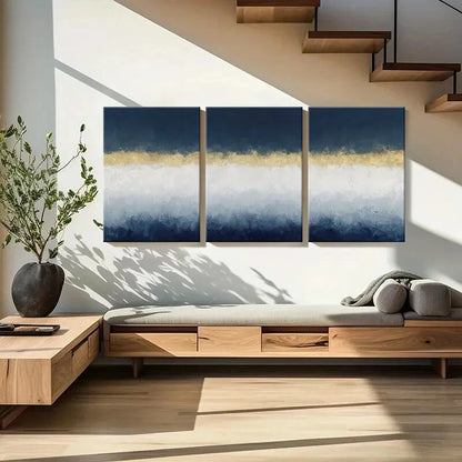3pcs Abstract Art Golden Accent White Waves Metal Print Ready to Hang Art - Bella Home Decor