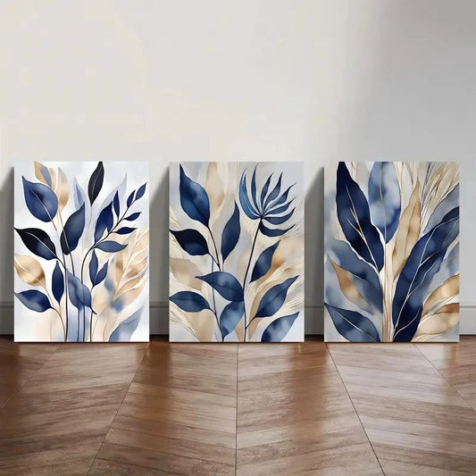 3pcs White Blue and Golden Abstract Leaf Metal Print Ready to Hang Art