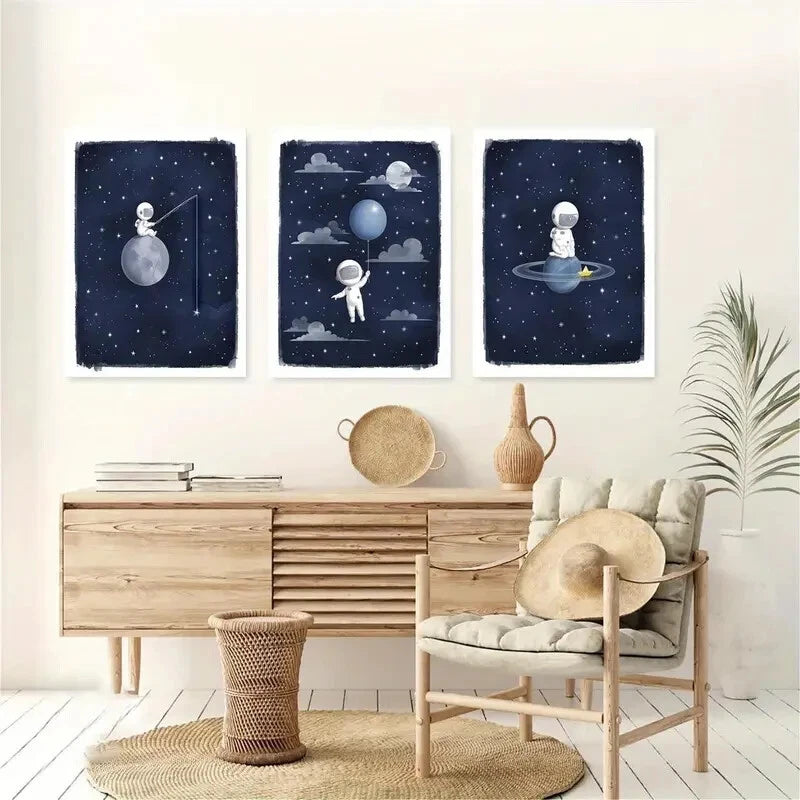 3pcs Astronaut Space Art Blue Moon & Stars Metal Print Ready to Hang Art - Bella Home Decor