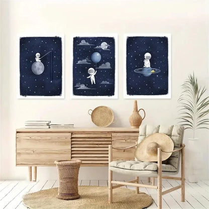 3pcs Astronaut Space Art Blue Moon & Stars Metal Print Ready to Hang Art - Bella Home Decor