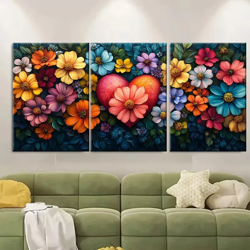 3pcs Vibrant Floral Heart Metal Print Ready to Hang Art