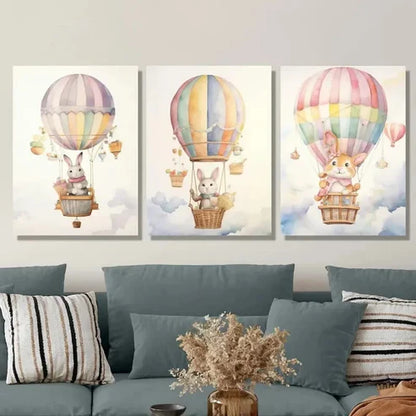 3pcs Cartoon Hot Air Balloon Baby Arctic Hare Wall Art Set Canvas Unframed - High Quality Print 100% Australian Made Wall Canvas - Bella Home Decor