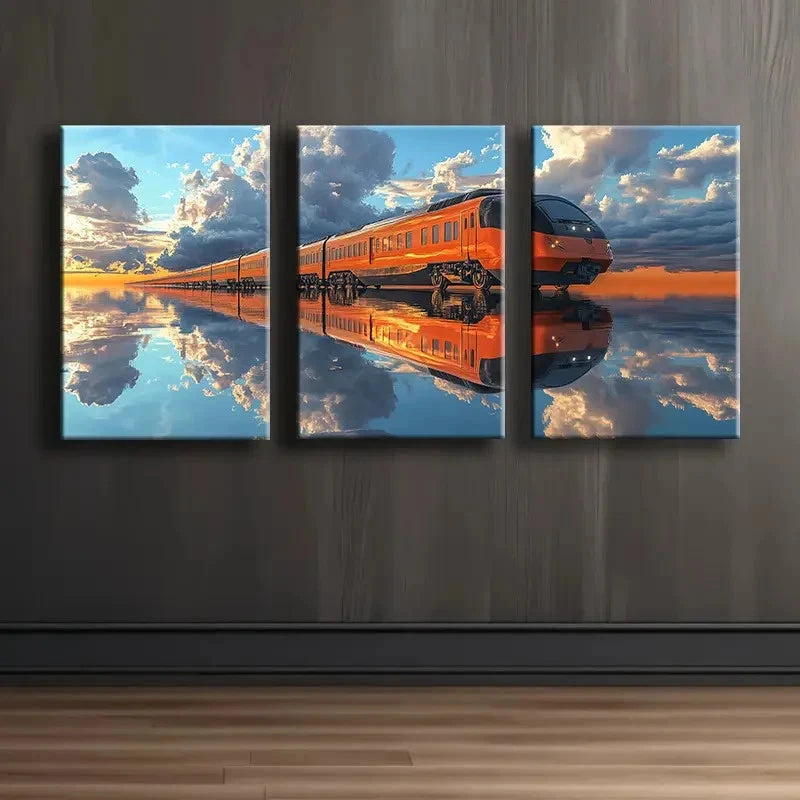 3pcs Orange Train Reflection Scene Wall Art Set Canvas Framed 60x90cm - High Quality Print 100% Australian Made Wall Canvas Ready to Hang