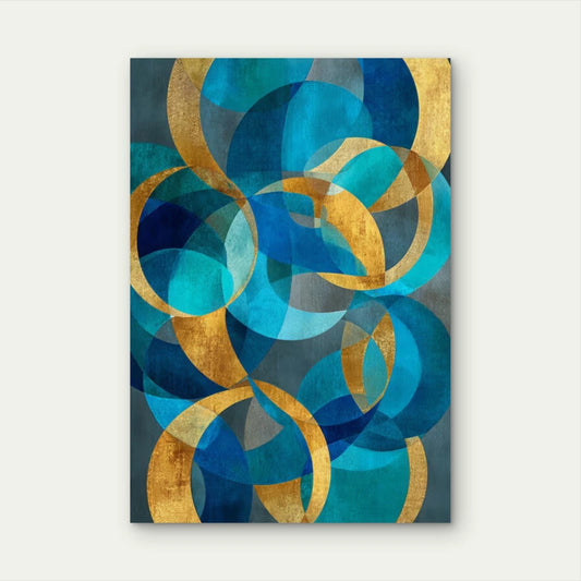 Abstract Navy Blue, Golden Circles 60x90cm Metal Print Ready to Hang