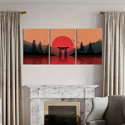 3pcs Sunset Torii Gate Silhouette Mountain Lands Metal Print Ready to Hang Art - Bella Home Decor