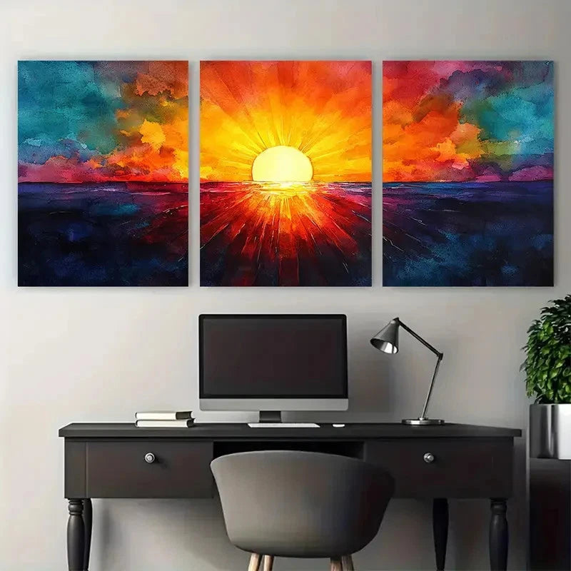 3pcs Abstract Sun Rays Vibrant Illustration Wall Art Set Canvas Framed 50x70cm - High Quality Print 100% Australian Made Wall Canvas Ready to Hang - Bella Home Decor