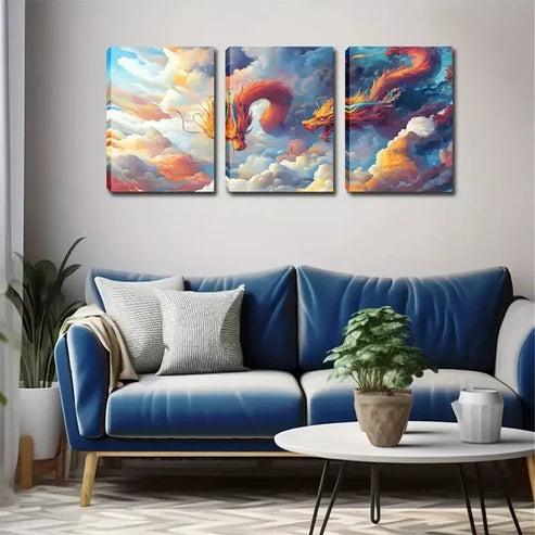 3pcs Two Majestic Dragons Wall Art Canvas Unframed - High Quality Print 100% Australian Made Wall Canvas