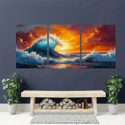 3pcs Vibrant Sunset Ocean Wave Oil Paintings Metal Print Ready to Hang Art - Bella Home Decor