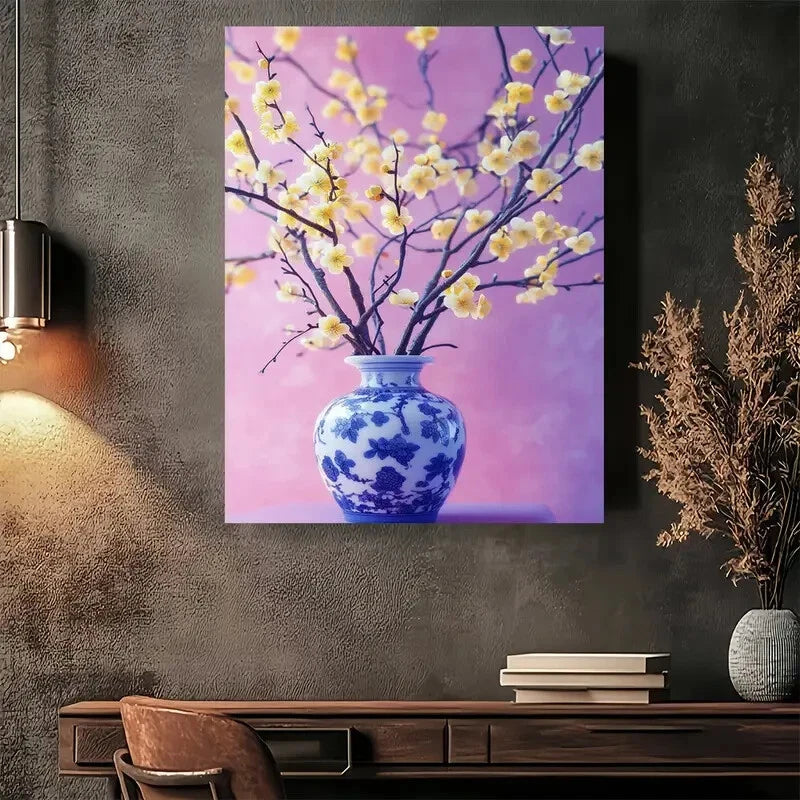 Beautiful Cherry Blossom Vase Elegant Painting 40x60cm Metal Print Ready to Hang - Bella Home Decor