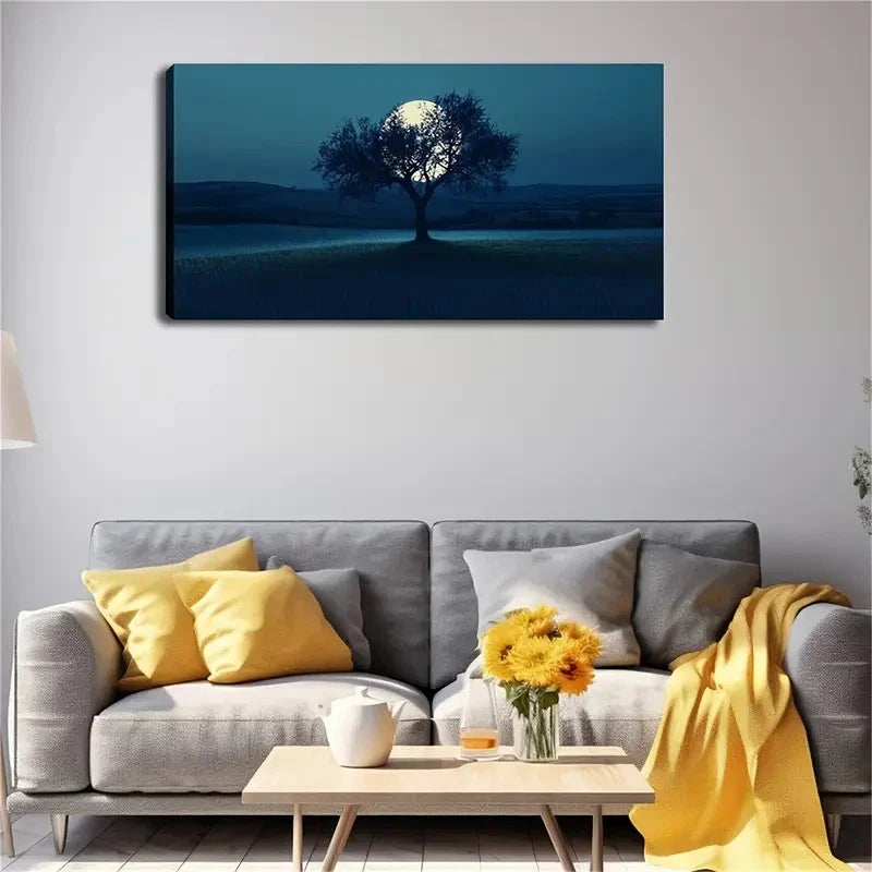 Moonlit Tree In Open Field Wall Art canvas office home room framed 120x60cm - Bella Home Decor