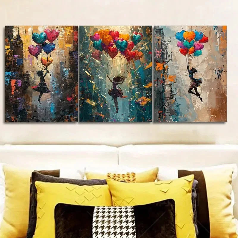 3pcs girl is flying on colorful balloons Wall Art Set Canvas Framed 40x60cm - High Quality Print 100% Australian Made Wall Canvas Ready to Hang - Bella Home Decor