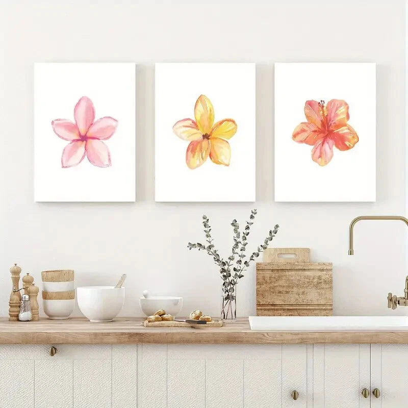 3pcs Tropical Flowers Wall Art Set Watercolor Metal Print Ready to Hang Art - Bella Home Decor