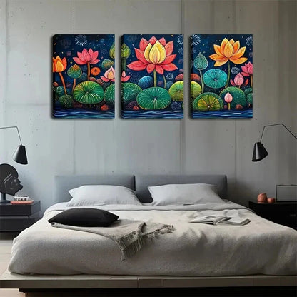3pcs Colorful Lotus Flowercs Triptychs Perfect Wall Art Set Canvas Framed 60x90cm - High Quality Print 100% Australian Made Wall Canvas Ready to Hang - Bella Home Decor