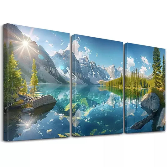 3pcs Sky White Clouds Lakes Mountains Forests Wall Art Set Canvas Framed 50x70cm - High Quality Print 100% Australian Made Wall Canvas Ready to Hang