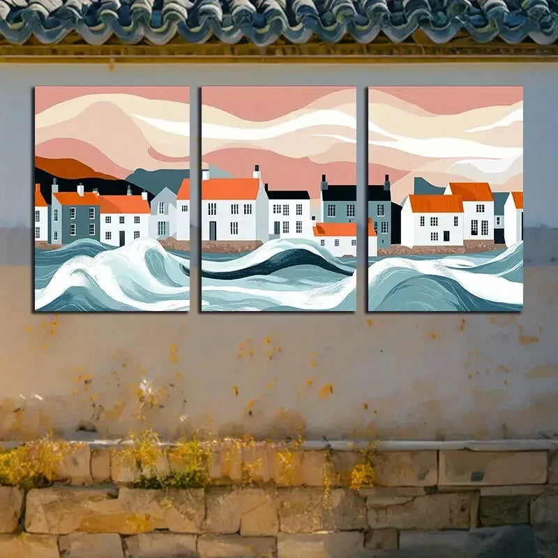 3pc Vector Art Of A Pastoral Coastal Town  Wall Art Set Canvas Framed 50x70cm - High Quality Print 100% Australian Made Wall Canvas Ready to Hang - Bella Home Decor