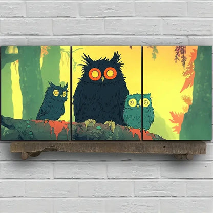 3pcs The Owl on The Branch Birds Metal Print Ready to Hang Art