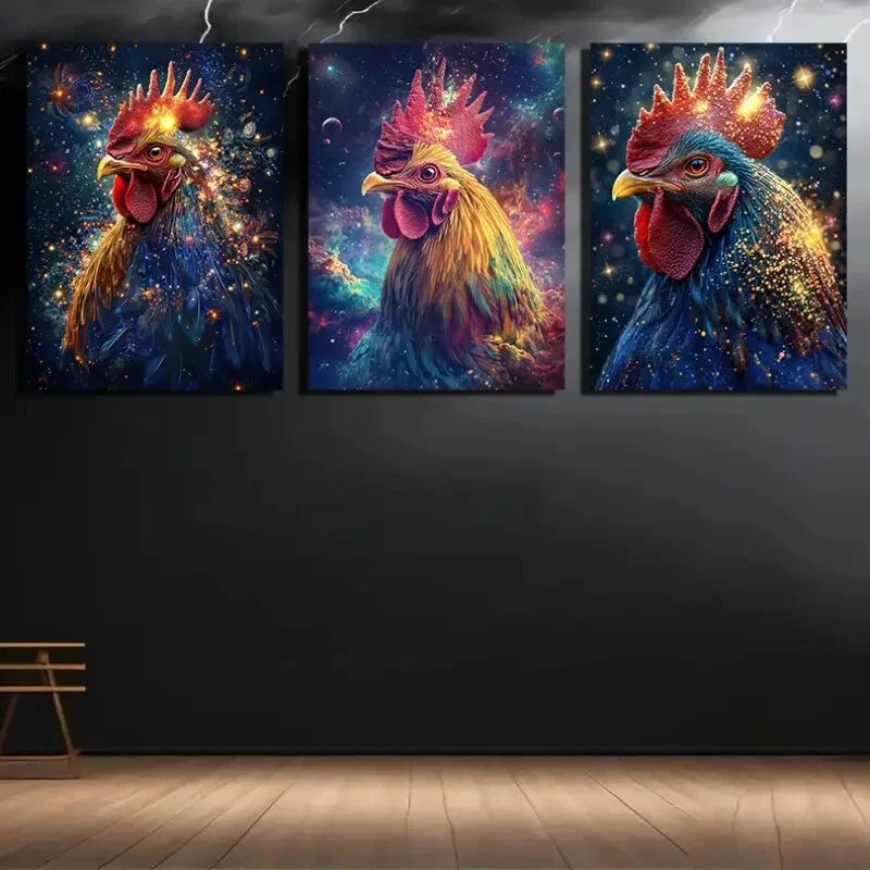 3pcs Abstract Rooster Starry Night Sky Metal Print Ready to Hang Art - Bella Home Decor