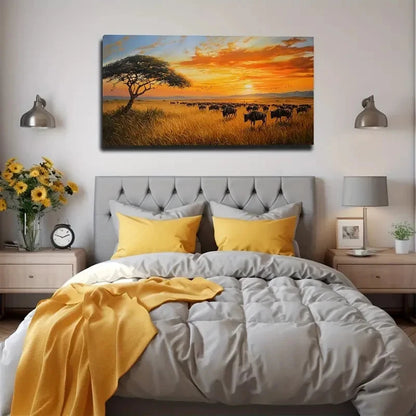Group Of Wildebeest Wall Art Canvas Office Home Room Framed 120x60cm