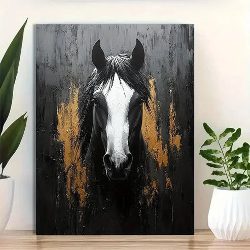 Beautiful Black & White Horse Golden Accents Painting 60x90cm Metal Print Ready to Hang
