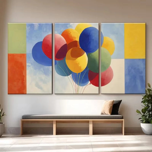 3pcs Featuring a Triptych of Colorful Balloons Metal Print Ready to Hang Art