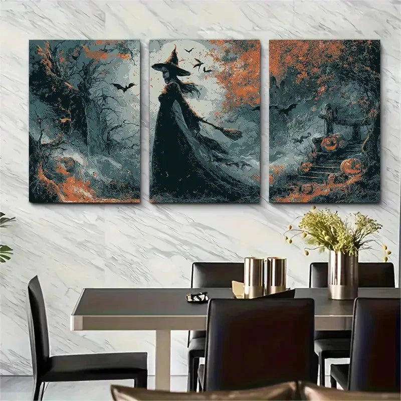 3pcs Vintage Halloween Witch Poster Perfect Wall Art Set Canvas Framed 50x70cm - High Quality Print 100% Australian Made Wall Canvas Ready to Hang